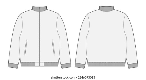 Esbozo técnico de la chaqueta de bombardero. Plantilla de diseño de ropa informal para niños. Vistas frontal y posterior. Ilustración de moda técnica de CAD vectorial.