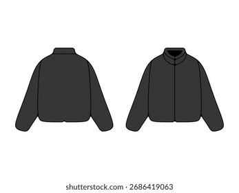 Bomber Jacket Vector Template. Front and Back View. Puffer Jacket Vector Unisex Outerwear Mockup