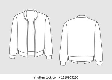 Bomber jacket vector template isolated set on a grey background. Unisex, male, female model. Front and back view. Outline fashion technical sketch of clothes model.