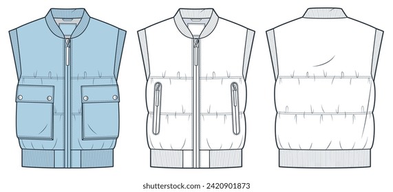 Bomber Jacket Vest Moda técnica Ilustración. Moda de la chaqueta acolchada Planta de dibujo técnico plano, bolsillos, cremallera, botón, vista frontal y trasera, blanco, azul, mujeres, hombres, maquillaje CAD unisex