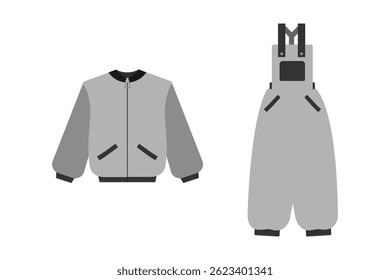 Bomber Jacke mit Reißverschluss Befestigung und Overall auf Manschette mit Taschen Graustufen Design Elemente Idee Set
