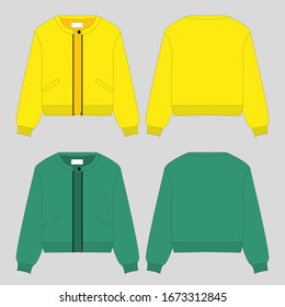 Bomber long sleeve crew neck. Outerwear for women and men. Set of colored unisex bomber. Rear and front view. Basic casual clothing and sports. Vector illustration