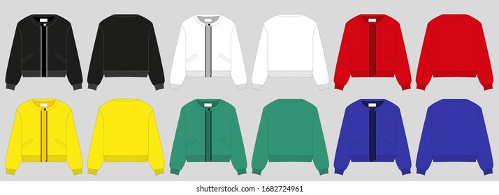 Bomber long sleeve crew neck. Outerwear for women and men. Set of colored unisex bomber. Rear and front view. Basic casual clothing and sports. Vector illustration