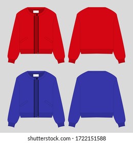 Bomber long sleeve crew neck. Outerwear for women and men. Set of colored unisex bomber. Rear and front view. Basic casual clothing and sports. Vector illustration