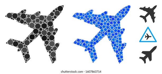 Bomber mosaic of filled circles in variable sizes and color tinges, based on bomber icon. Vector random circles are grouped into blue mosaic. Dotted bomber icon in usual and blue versions.
