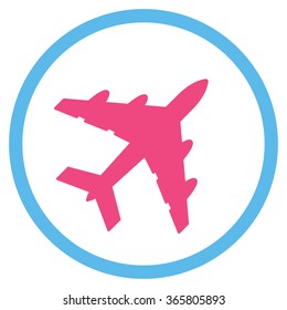 Bomber vector icon. Style is bicolor flat circled symbol, pink and blue colors, rounded angles, white background.
