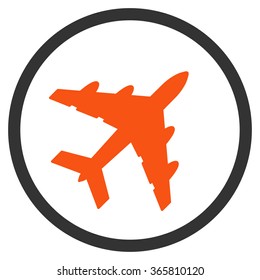 Bomber vector icon. Style is bicolor flat circled symbol, orange and gray colors, rounded angles, white background.