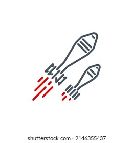 bombing with atomic aerial bombs single line icon isolated on white. Perfect outline aero bomb symbol. Nuclear bombing war banner. falling bomb spread of democracy design element with editable Stroke