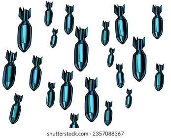 Bombing attack aggression war Armament deliveries. Military equipment. Many bombs are falling from the sky. Pop Art Retro Vector Illustration Kitsch Vintage 50s 60s Style. On a white background