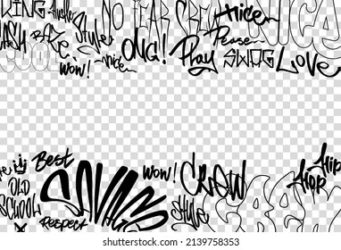 Bombing graffiti and tags isolated on transparent background with empty borders for text. Street art tags, graffiti, scribbles. Urban street art template for merch. Underground vandalism vector mockup