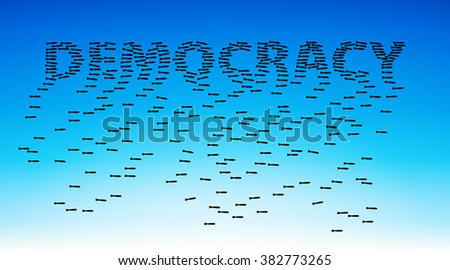The bombing as a principle of democracy. The word democracy layout of small bombs in the sky.