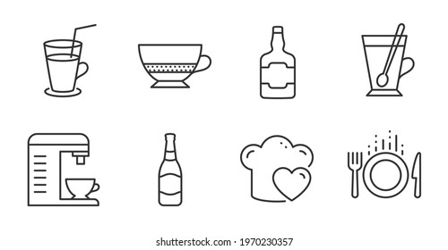 Bombon coffee, Beer bottle and Love cooking line icons set. Whiskey bottle, Tea mug and Food signs. Coffee machine, Cocktail symbols. Cafe bombon, Brewery, Chef hat. Food and drink set. Vector