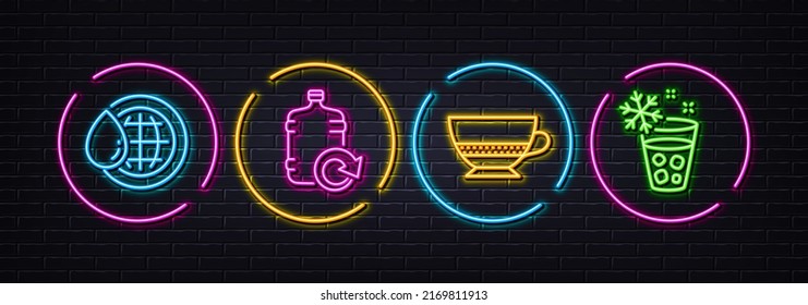 Bombon coffee, Refill water and World water minimal line icons. Neon laser 3d lights. Ice maker icons. For web, application, printing. Cafe bombon, Cooler bottle, Aqua drop. Glass with ice. Vector