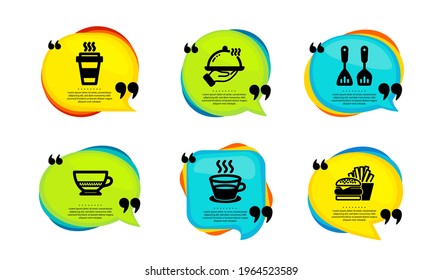 Bombon coffee, Restaurant food and Takeaway icons simple set. Speech bubble with quotes. Cooking cutlery, Coffee cup and Burger signs. Cafe bombon, Room service, Kitchen accessories. Vector