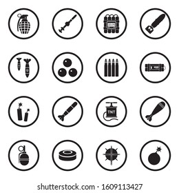 Bombs And Explosives Icons. Black Flat Design In Circle. Vector Illustration.