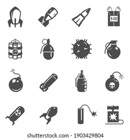 Bombs, grenades bold black silhouette icons set isolated on white. Explosive weapon, ammunition pictograms collection. Hand frag, dynamite, common projectile vector elements for infographic, web.