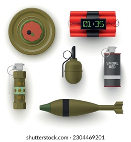 Bombs and grenades explosives detonator fuse set realistic vector illustration. Dynamite sticks explosion timer mechanism with clock rocket spraying smoke red can and barrel danger explode asset