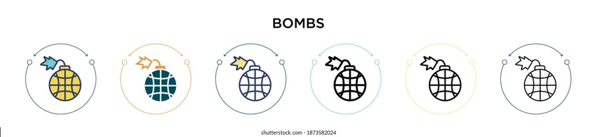 Icono de bomba en línea llena, delgada, contorno y estilo de trazo. Ilustración vectorial de dos bombas coloreadas y negras para los diseños de iconos vectoriales se pueden usar para móviles, ui, web