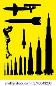 Se arman bombas y siluetas de cohetes. Incluye la explosión y el avión de guerra. Ilustración vectorial.