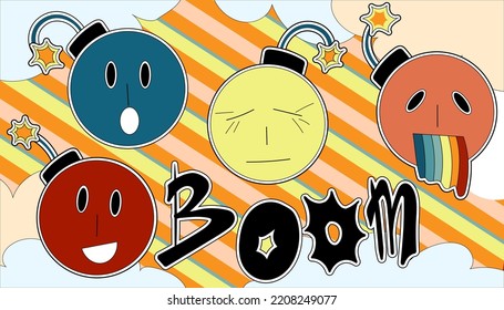  bombs with various expressions of emotion on their faces on vintage background. Emoticons, emoji, character.