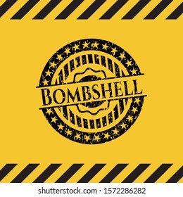 Bombshell black grunge emblem, yellow warning sign. Vector Illustration. Detailed.