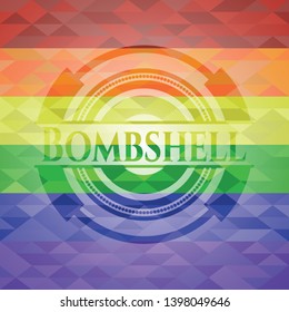 Bombshell emblem on mosaic background with the colors of the LGBT flag