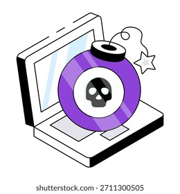 Bombshell con portátil que muestra el concepto de piratería en línea 