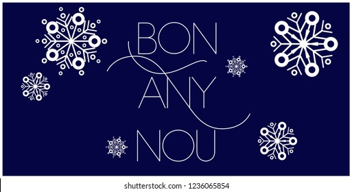 Bon Any Nou - New Year lettering written in catalan; hand drawn white letters on blue background. Flat vector illustration for  invitations, postcards, prints, posters, seasonal design and decoration.