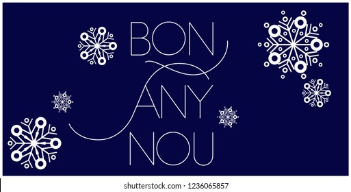 Bon Any Nou - New Year lettering written in catalan; hand drawn white letters on blue background. Flat vector illustration for seasonal design and decoration, postcards, prints, posters, invitations.