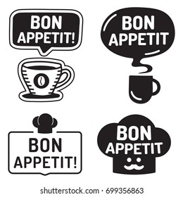 Bon appetit. Badges, icons, marks, logos, stamps. Set of flat vector illustrations on white background.