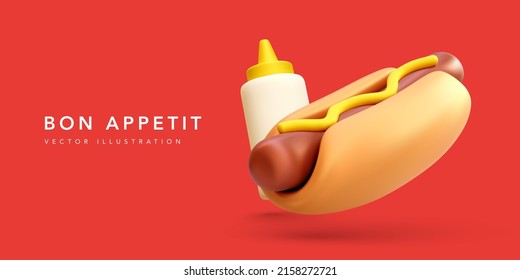 Bon appetit banner with 3d realistic hotdog and mustard bottle on red background. Vector illustration