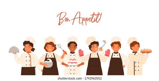 Bon Appetit banner with lettering and kids. Children cooking and serving meal, boys, girls in uniform, toques, chefs hat standing together. Flat vector cartoon illustration isolated on white