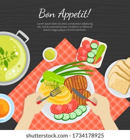 Bon Appetit Banner Template, Top View of Person Eating Delicious Dishes Banner Vector Illustratio