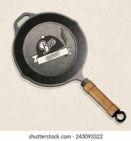 Bon Appetit! Black Frying Pan. Realistic vector illustration.