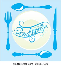 Bon appetit! Calligraphic text on plate with fork, knife and spoon, design for cafe or restaurant menu cover in blue colors.