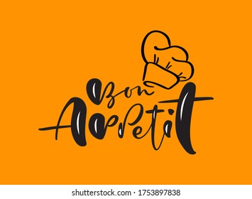 Bon Appetit calligraphy lettering vector text for food blog kitchen on orange background. Hand drawn cute quote design cooking element. For restaurant, cafe menu or banner, poster