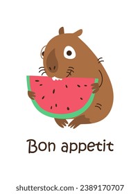 Bon appetit. Capybara with a written phrase, inscription, wish. Vector illustration