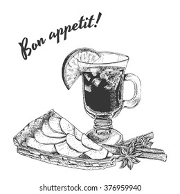 Bon appetit card with apple pie, mug of mulled wine and cinnamon sticks