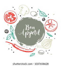 Bon Appetit in a circle with vegetables . Label for restaurant menu or farm market.