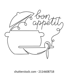 Kontinuierliche 1-zeilige Zeichnungsinschrift Bön Appetit, Topf mit Deckel und Platte . Handgezeichnete einzelne Vektorgrafik auf weißem Hintergrund. Das Thema Lebensmittel