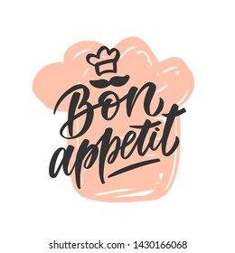 Bon appetit cooking lettering. Hand drawn vector. Composition for badges, labels, logo, bakery, street festival, farmers market, country fair, shop, kitchen classes, cafe, food studio, stories, posts