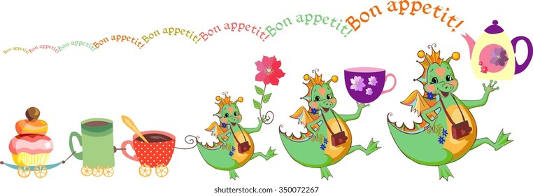 Bon appetit. Cute card with dragons, teacups and cupcake train. Vector illustration.