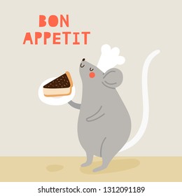 Bon Appetit - cute vector illustration. Cute Mouse in a Cook Hat with a piece of cake. Funny animal character.