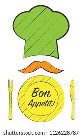 Bon Appetit Design card with chef hat and moustache. Vector illustration.