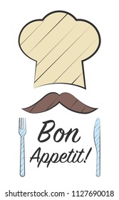 Bon Appetit Design card with chef hat and moustache. Vector illustration.
