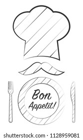 Bon Appetit Design card with chef hat and moustache. Vector illustration.