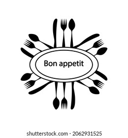 Bon appetit . Dish and cutlery for the design of the menu. Vector illustration black and white