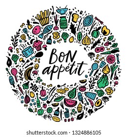 Bon Appetit doodle sticker set with handdrawn lettering phrase