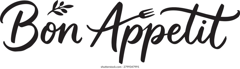 Bon Appetit Elegant Calligraphy Lettering Quote Icon for Restaurant Menu, Kitchen Wall Decor, Food Blog Banner and Cafe Signboard Typography Vector Graphic Design Isolated on White Background