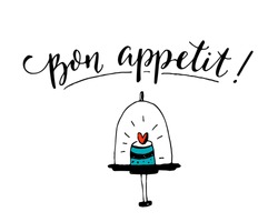 Guten Appetit. Genießen Sie Ihr Essen Auf Französisch. Cafe Poster-Design Mit Moderner Kalligrafie Auf Weißem Hintergrund Mit Handgezeichnet Kuchen.